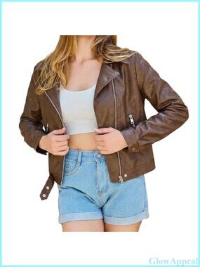 Cropped Faux Leather Moto Jacket Slim Fit Biker Coat